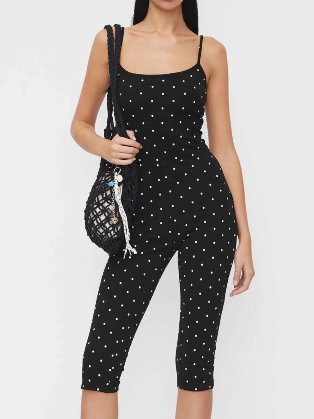 Cotton-blend Polka Dot Capri Jumpsuit